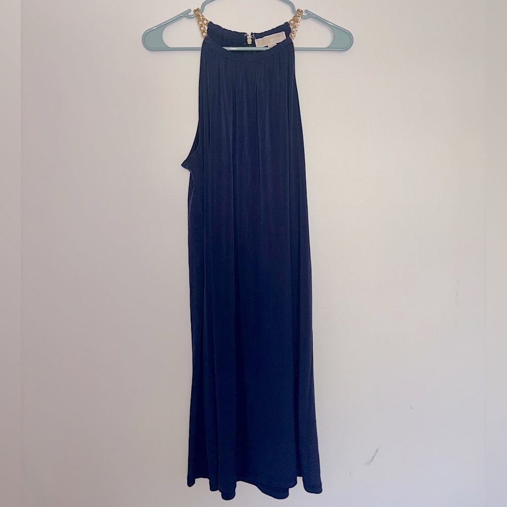 MICHAEL Michael Kors High Neck Flounce Dress Navy Blue Gold Chain Size XL